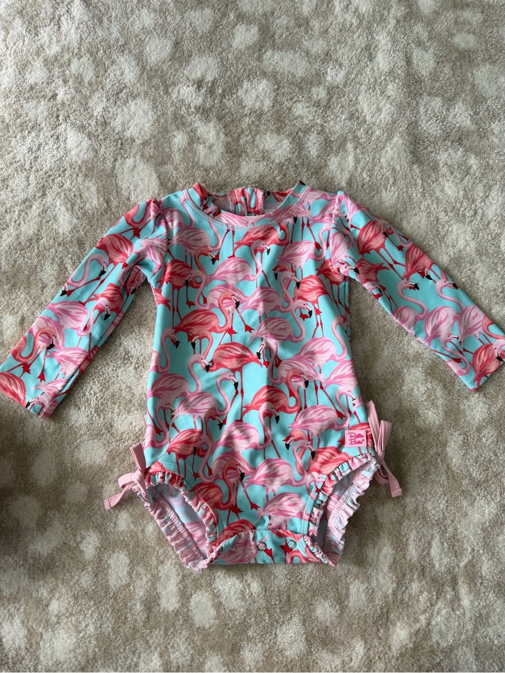 Ruffle Butts Pink Flamingo Long-Sleeve Rashguard One-Piece - Aqua & Pink